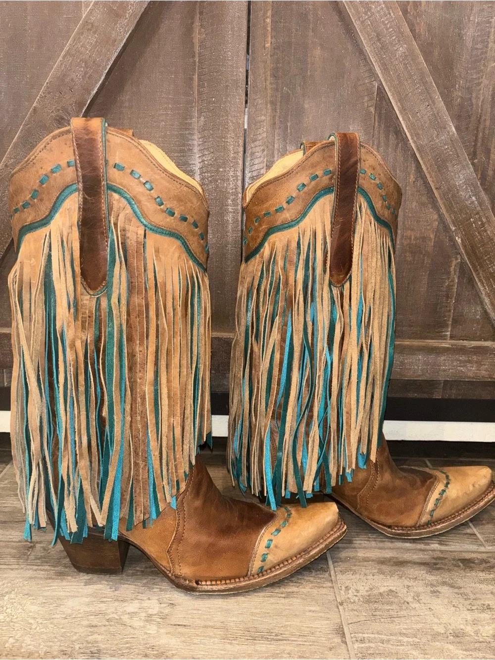Fringed Leather Heeled Cowboy Boots in Brown and Teal - Picture 2 of 3